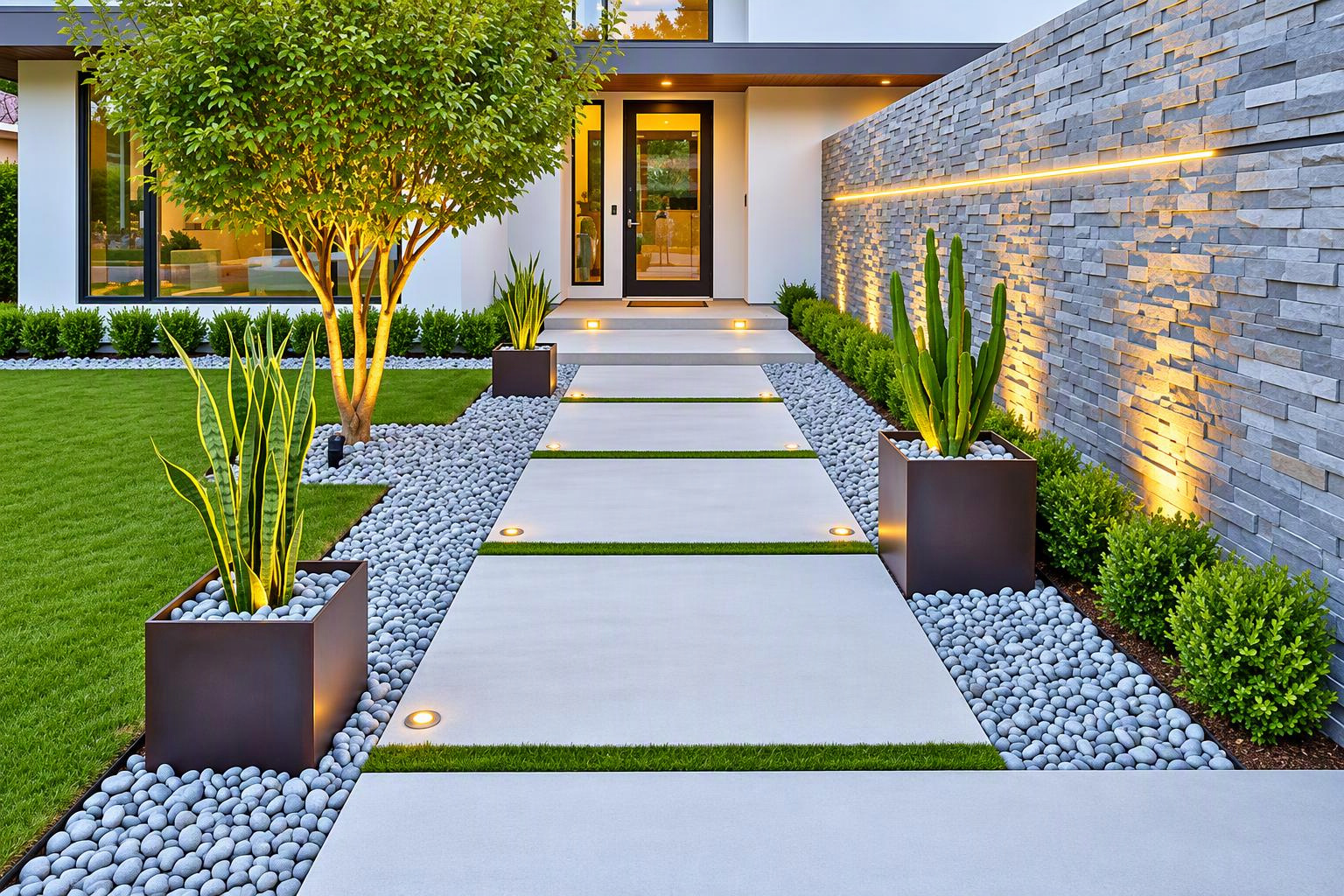 Lit garden path leading to a modern front entrance
